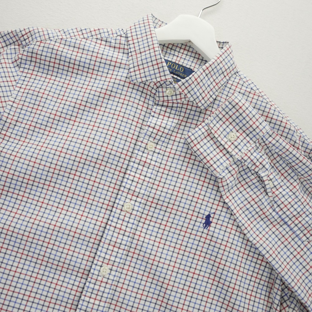 Polo Ralph Lauren Mens L Classic Fit Cotton Stretch Tattersall‎ Shirt Red Blue